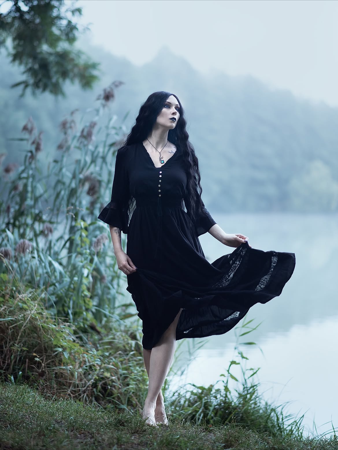 Flowy Black Lace Trim Midi Dress