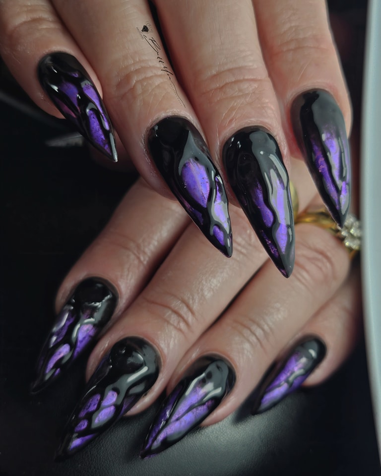 Glossy Black and Purple Flame Stiletto Nails
