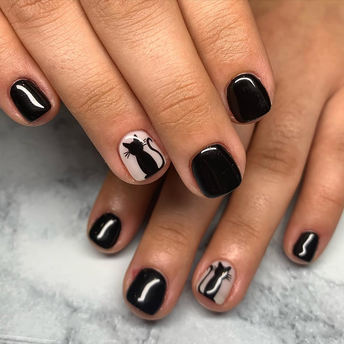 Glossy Black Cat Halloween French Manicure
