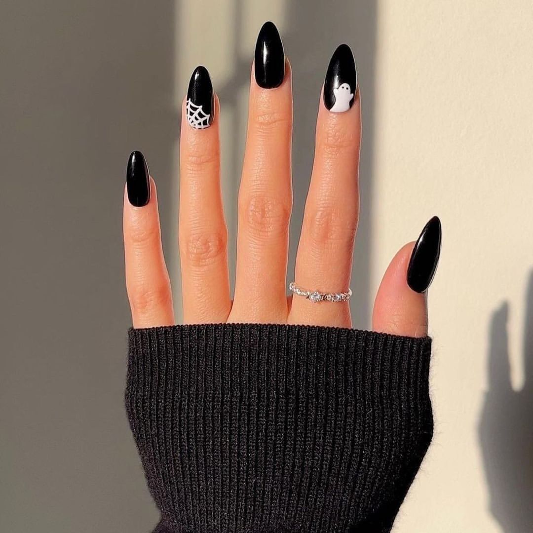 Glossy Black Halloween Almond Nails with Ghost and Spiderweb