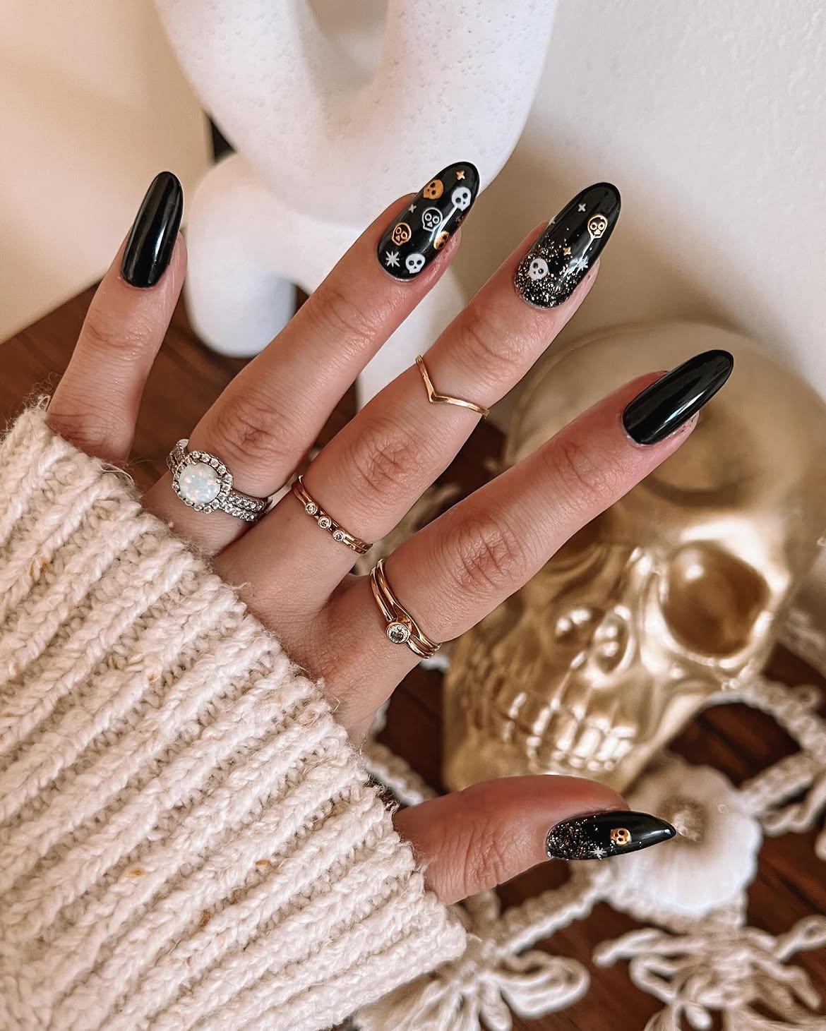 Glossy Black Halloween Skull Almond Nails