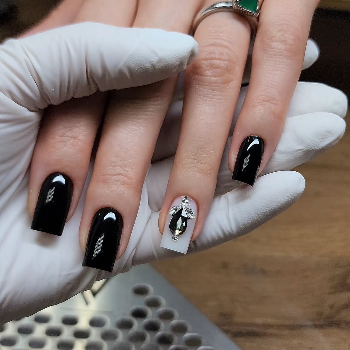 Glossy Black Square Nails With Crystal Accent