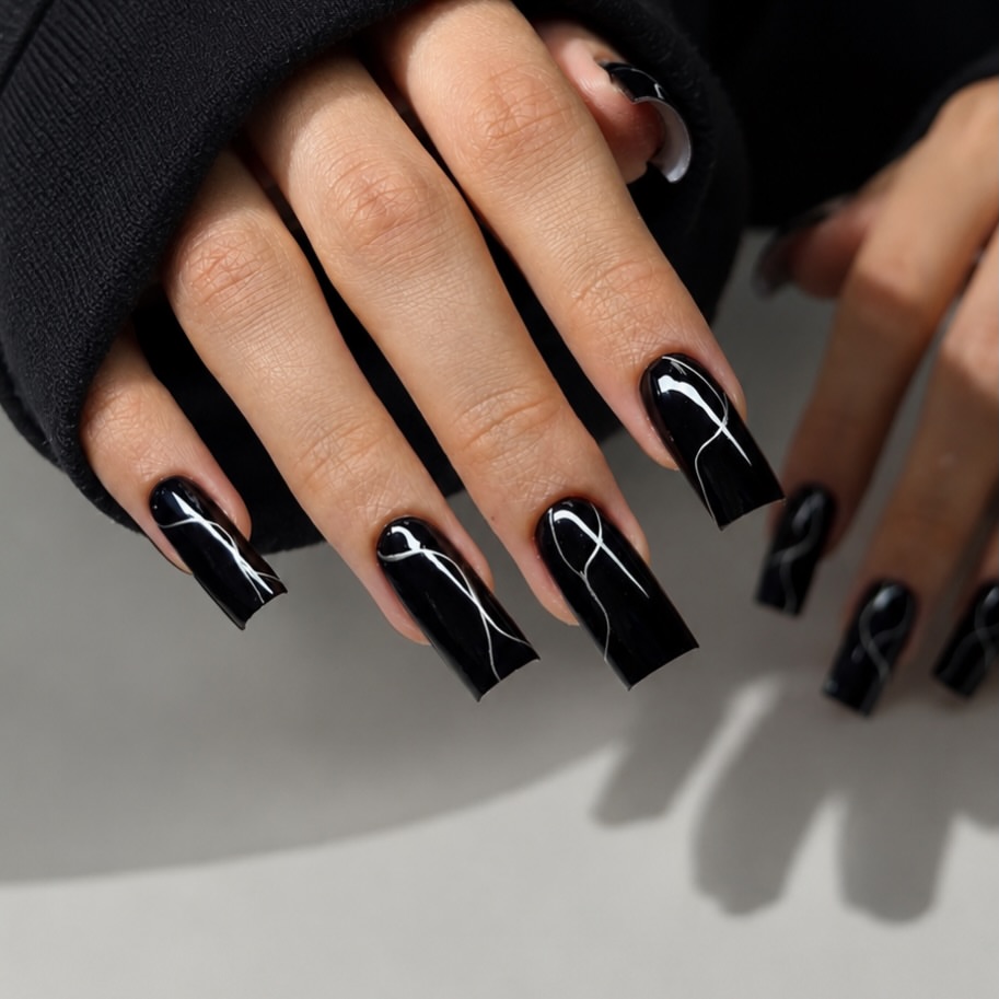Glossy Black Swirl Lines Coffin Nails