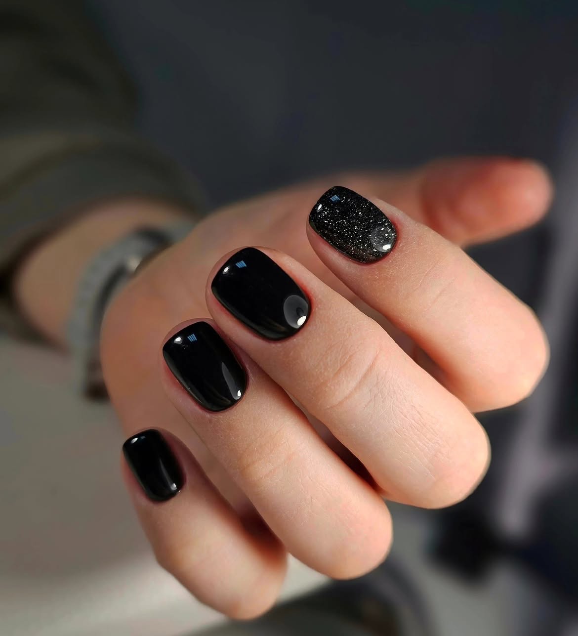 Glossy Black With Glitter Accent Nails