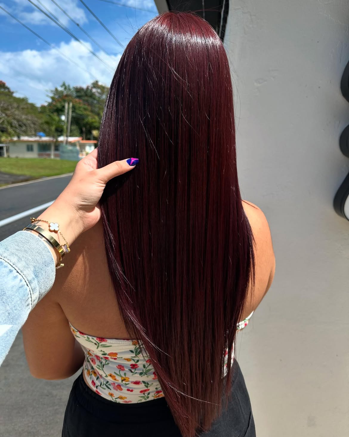 Glossy Cherry Cola Long Hair With Subtle Layers