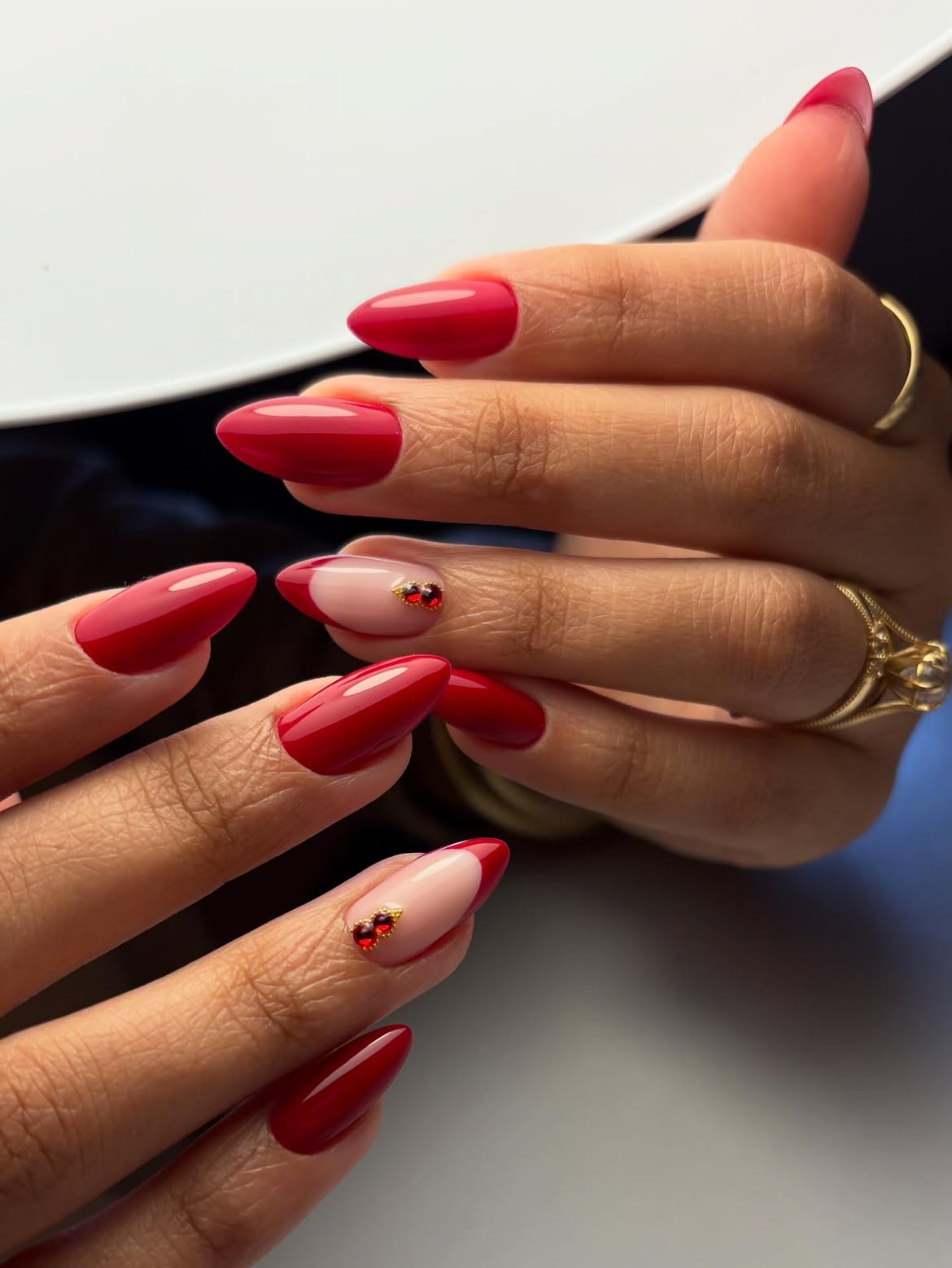 Glossy Cherry Red French Tip with Rhinestone Accent