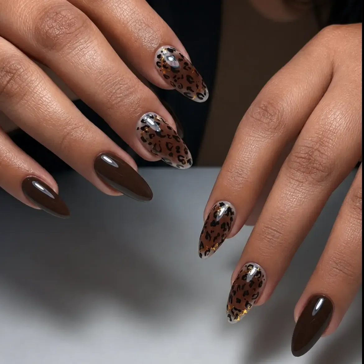 Glossy Chocolate Brown And Leopard Print Nails