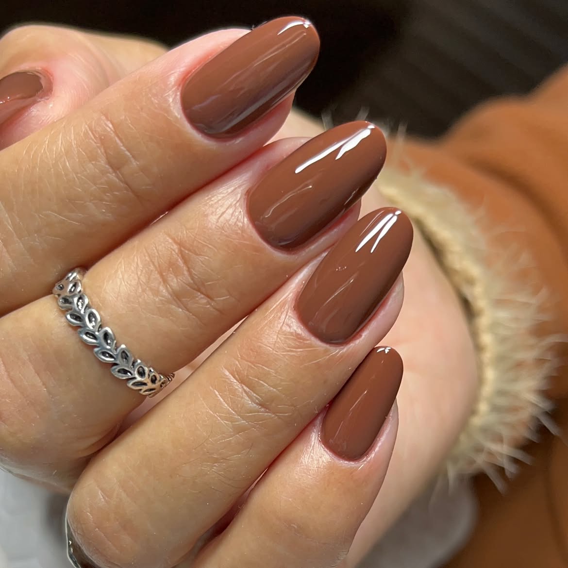 Glossy Chocolate Brown Oval Nails