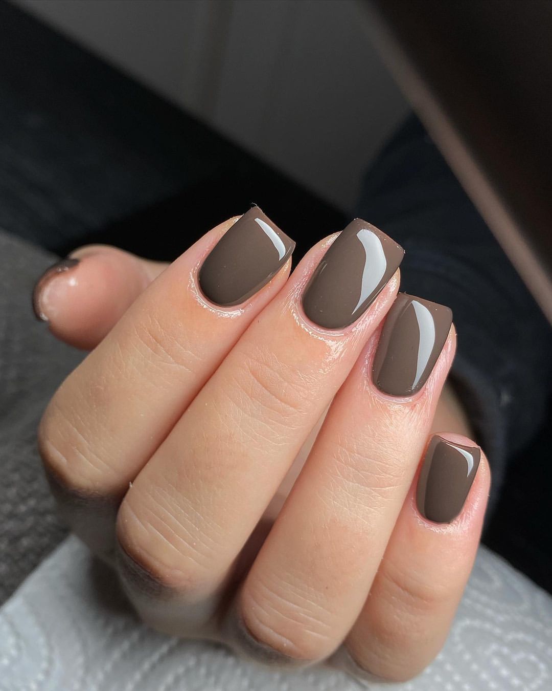 Glossy Chocolate Brown Short Squoval Nails