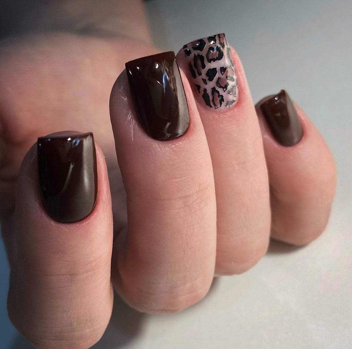 Glossy Chocolate Brown With Leopard Accent Nails