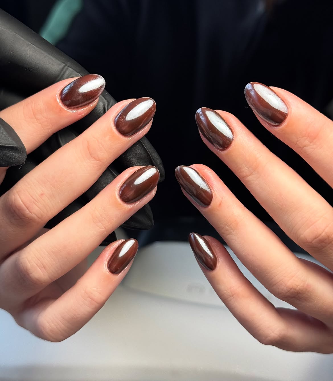 Glossy Chocolate Chrome Almond Nails