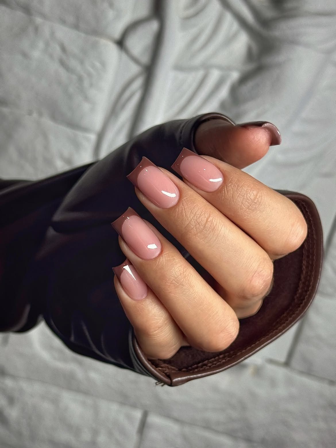 Glossy Chocolate French Tip Square Nails