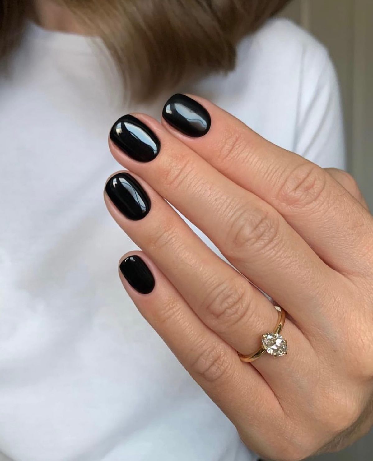 Glossy Deep Black Oval Nails