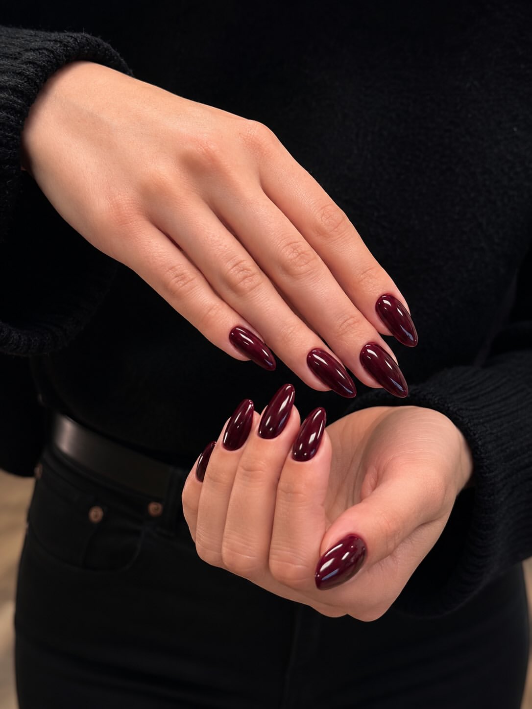 Glossy Deep Burgundy Almond Nails