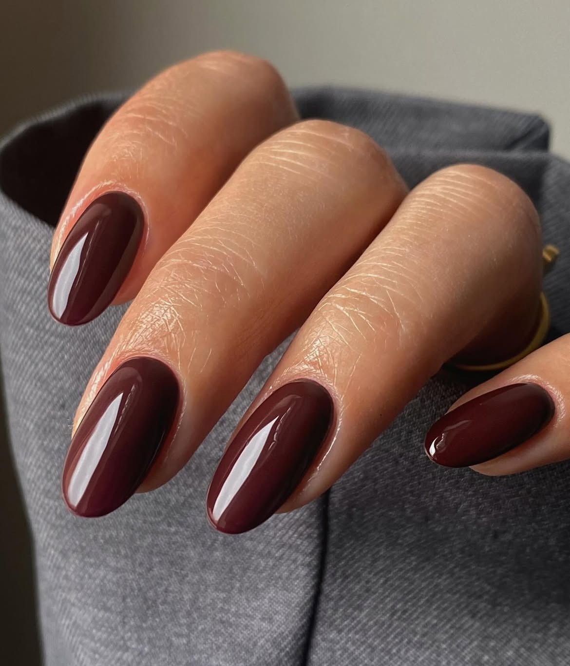 Glossy Deep Burgundy Oval Nails