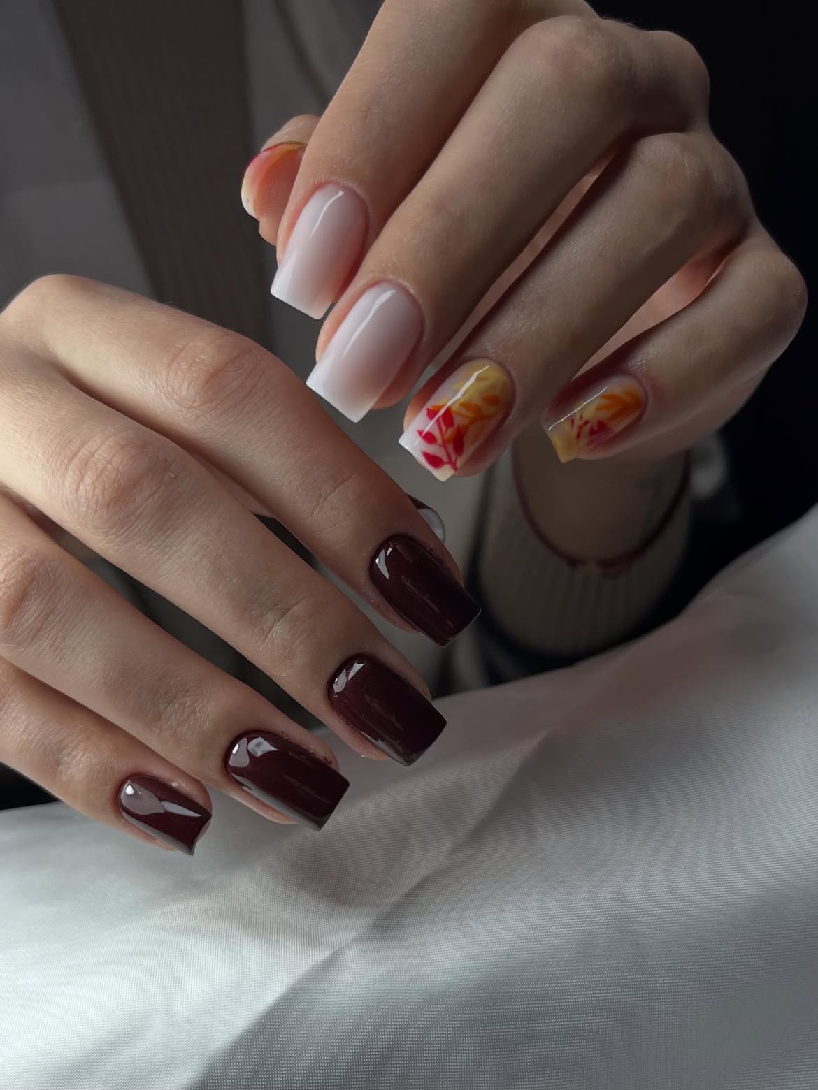 29 Stunning Fall Leaves Nail Ideas You Need To Try Now 14 Glossy Deep Burgundy Square Nails with Fall Leaf Art