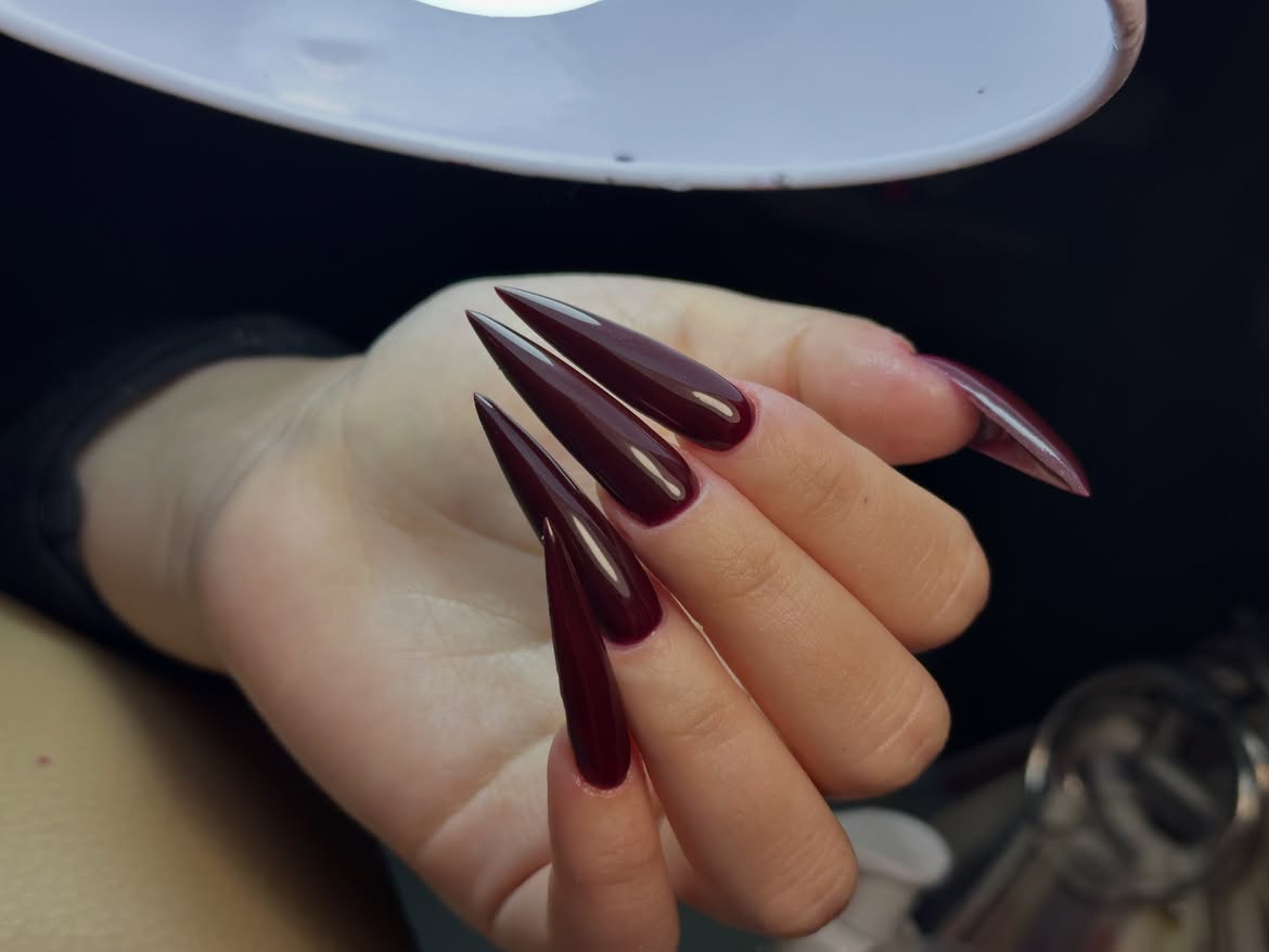 Glossy Deep Burgundy Stiletto Nails