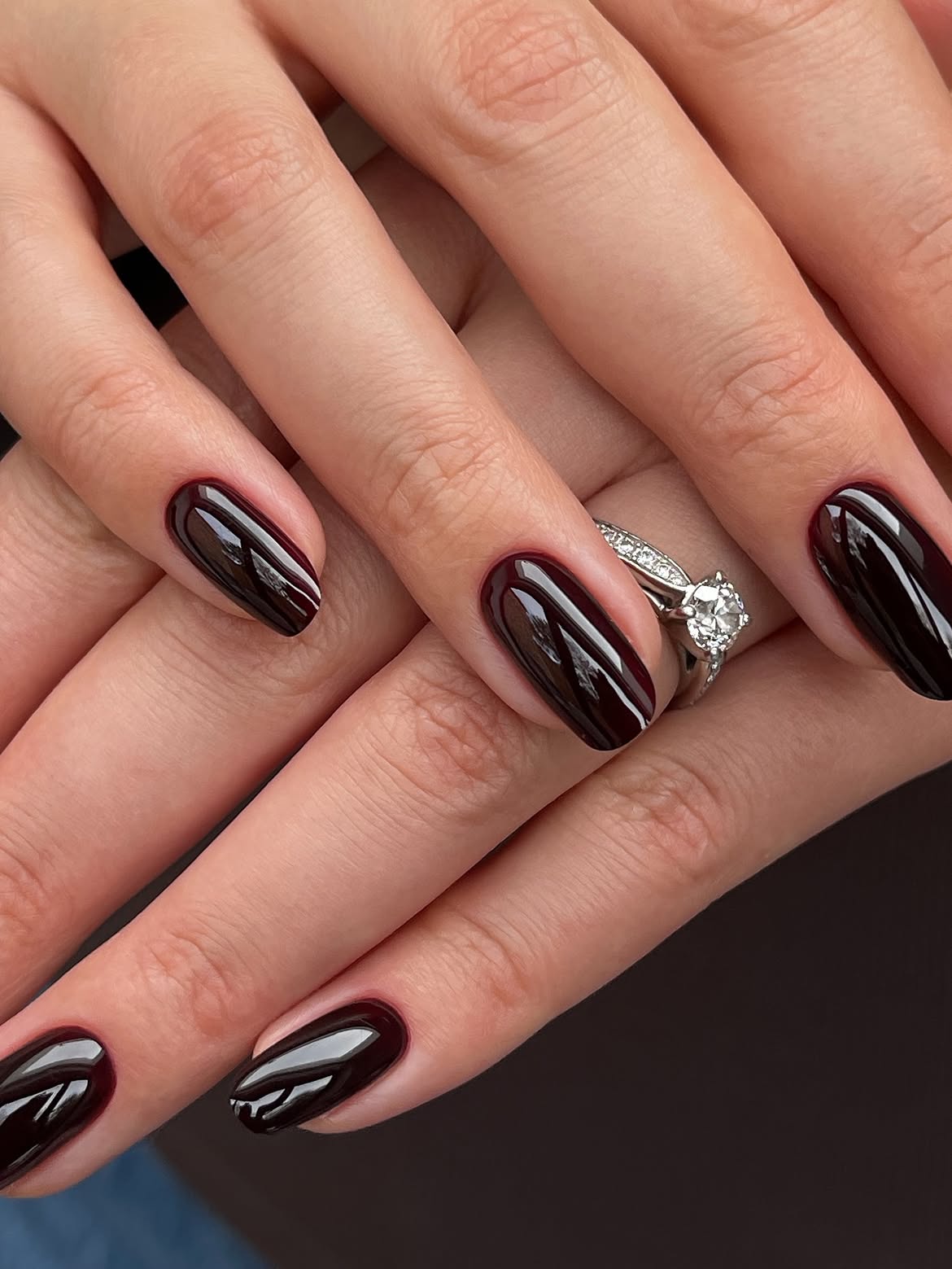 Glossy Deep Cherry Red Almond Nails