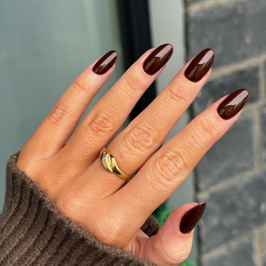Glossy Deep Chocolate Brown Almond Nails