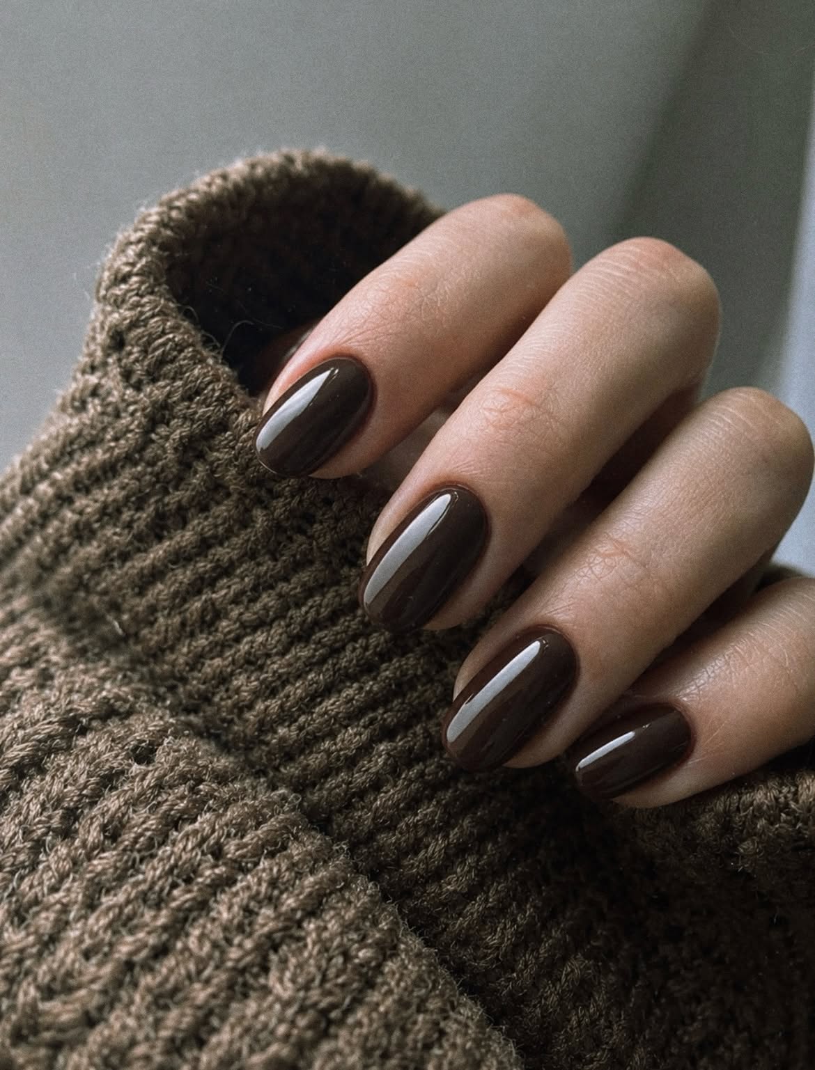 Glossy Deep Chocolate Oval Nails
