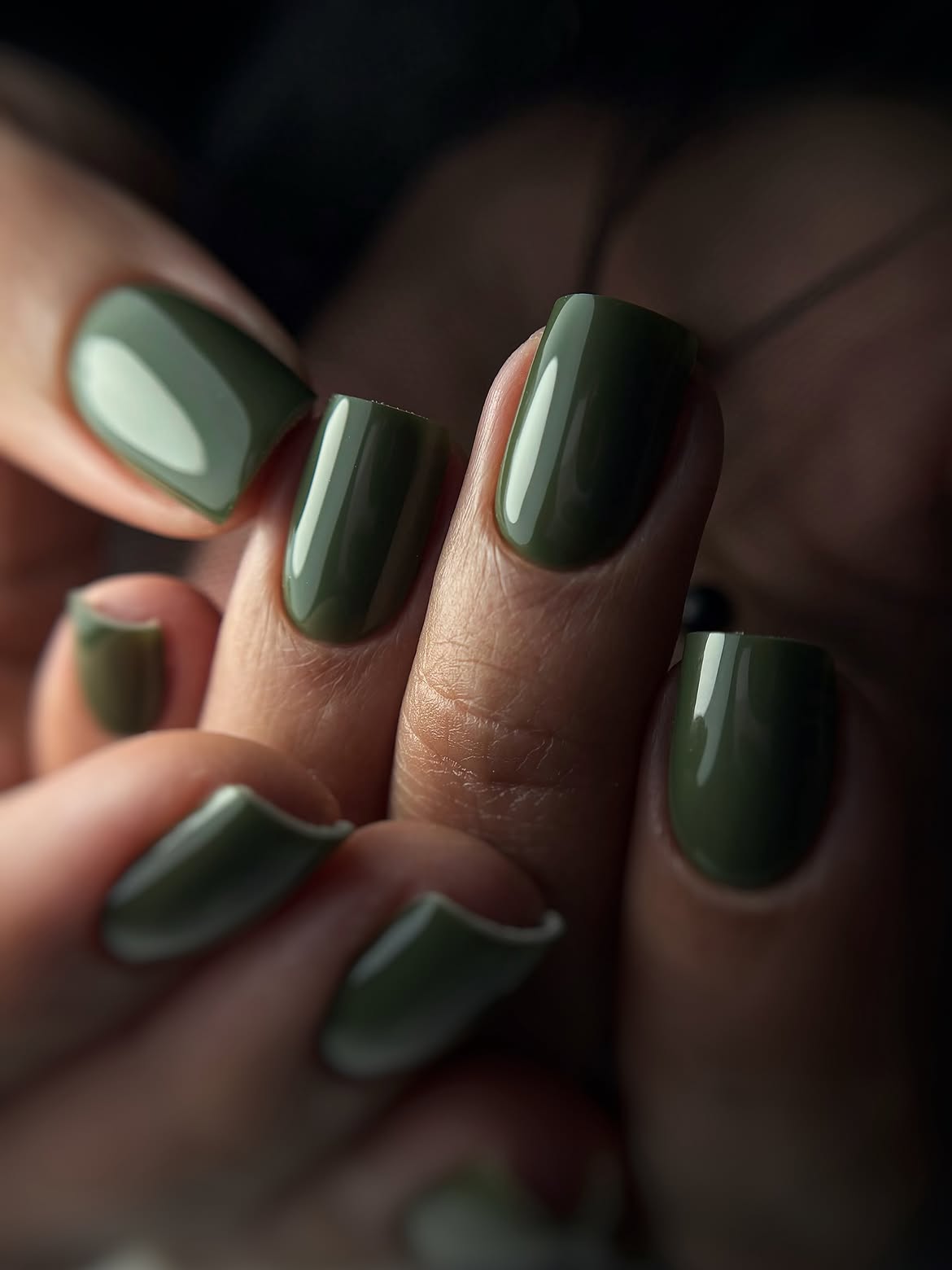 Glossy Deep Olive Green Almond Nails