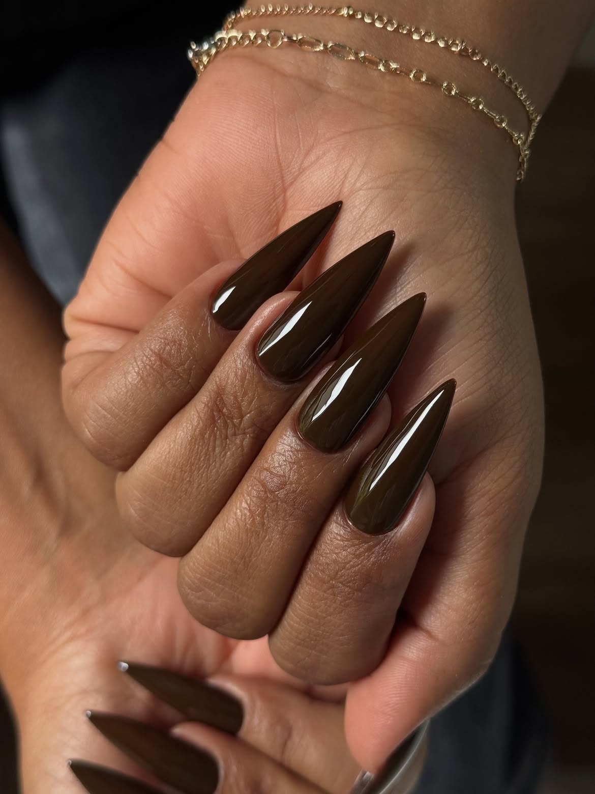Glossy Deep Olive Stiletto Nails