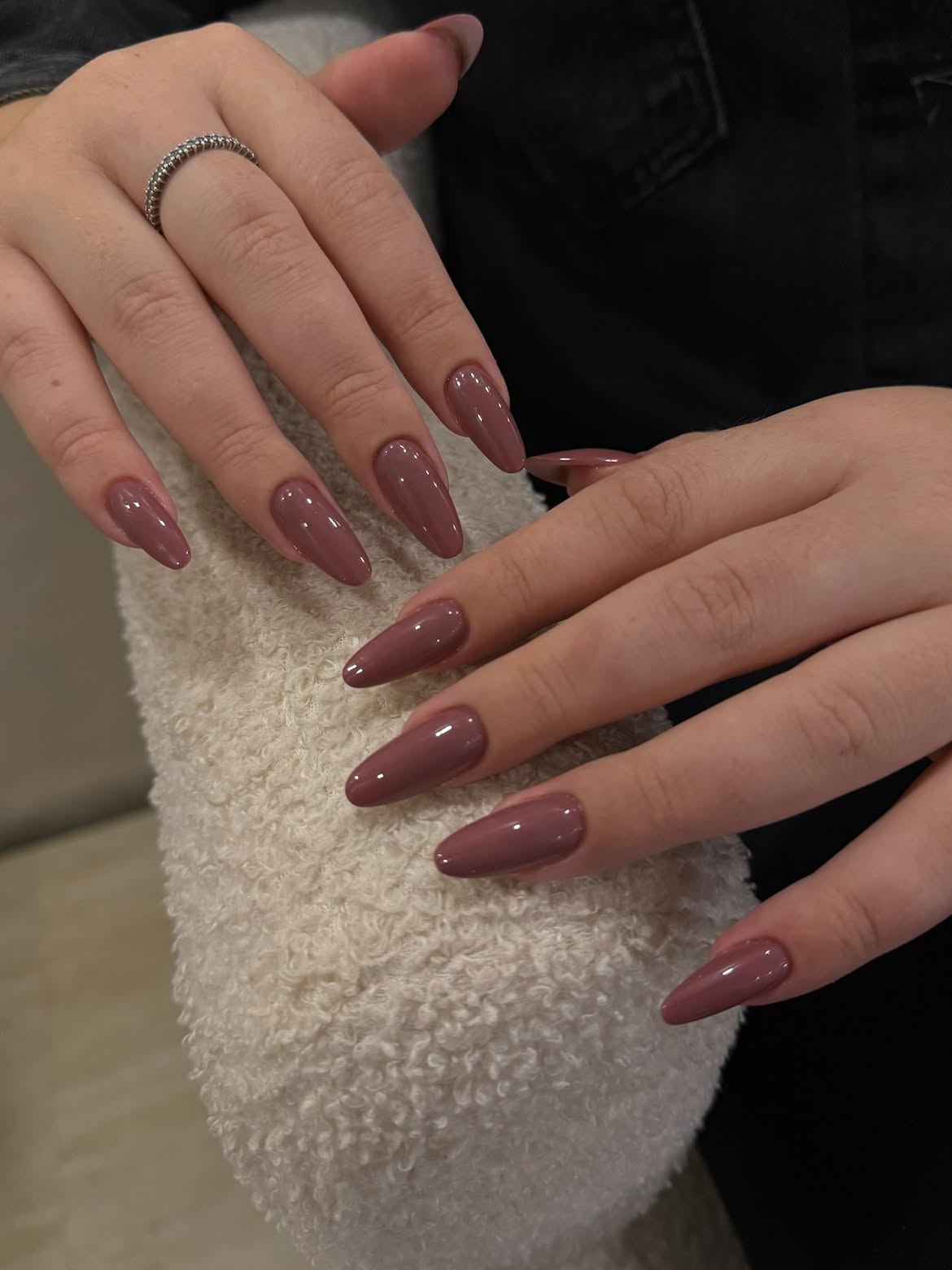 Glossy Mauve Almond Stiletto Nails