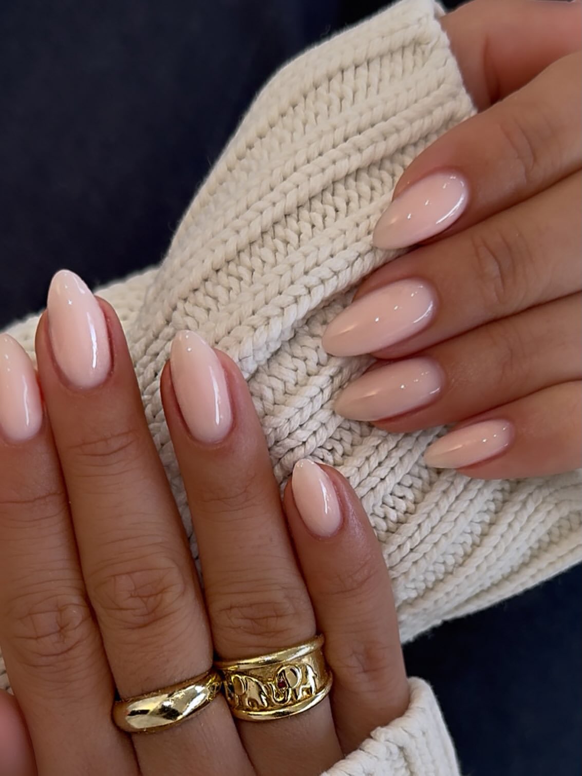 Glossy Milky Peach Almond Nails