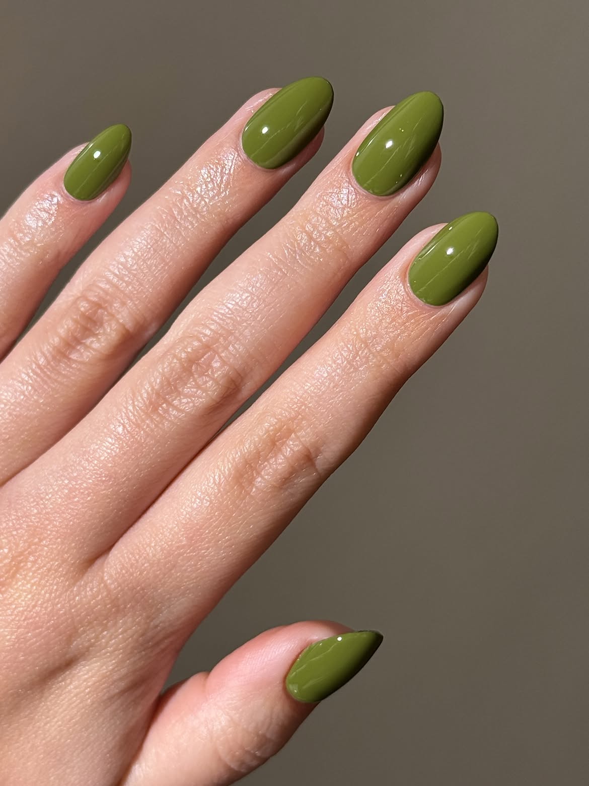 Glossy Olive Green Oval Nails