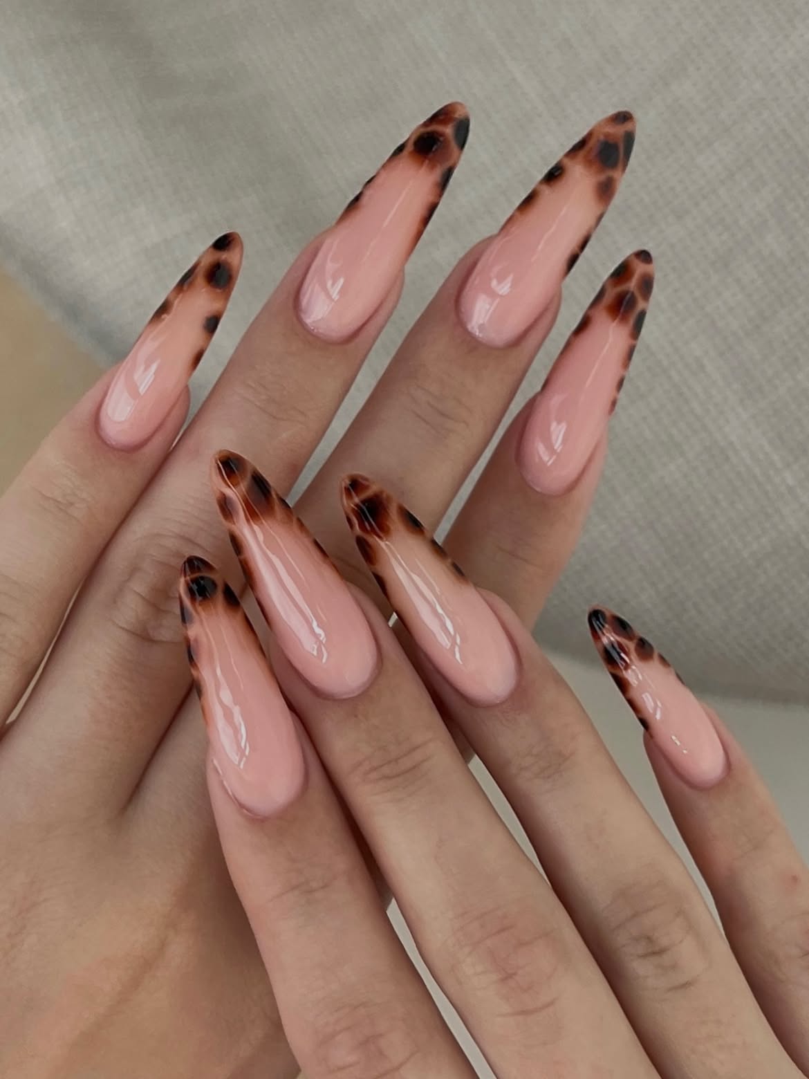 Glossy Tortoiseshell French Almond Nails