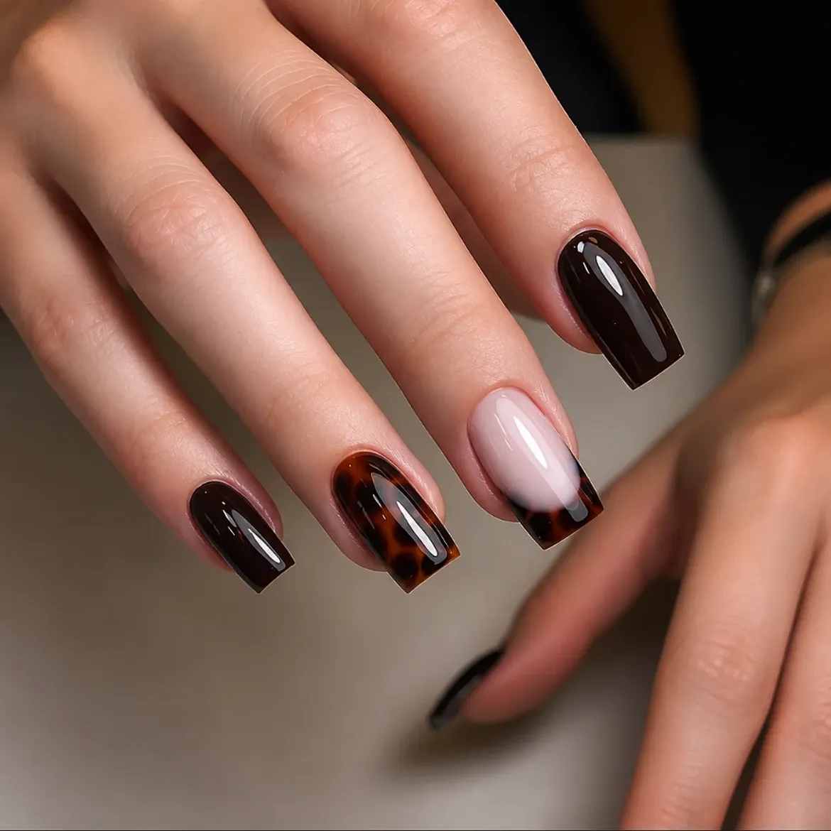 Glossy Tortoiseshell French Tip Coffin Nails