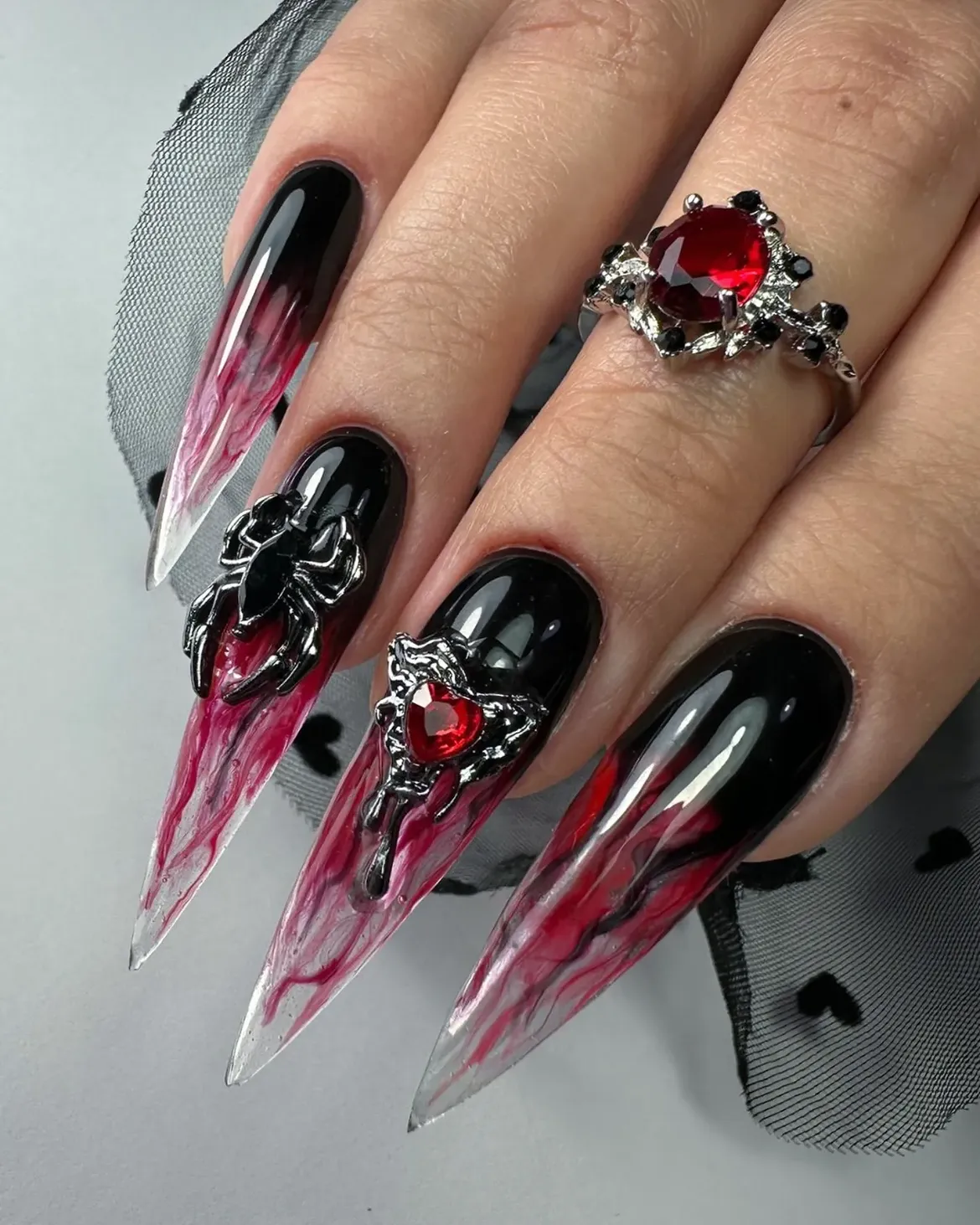 Gothic Black And Red Flame Stiletto Nails