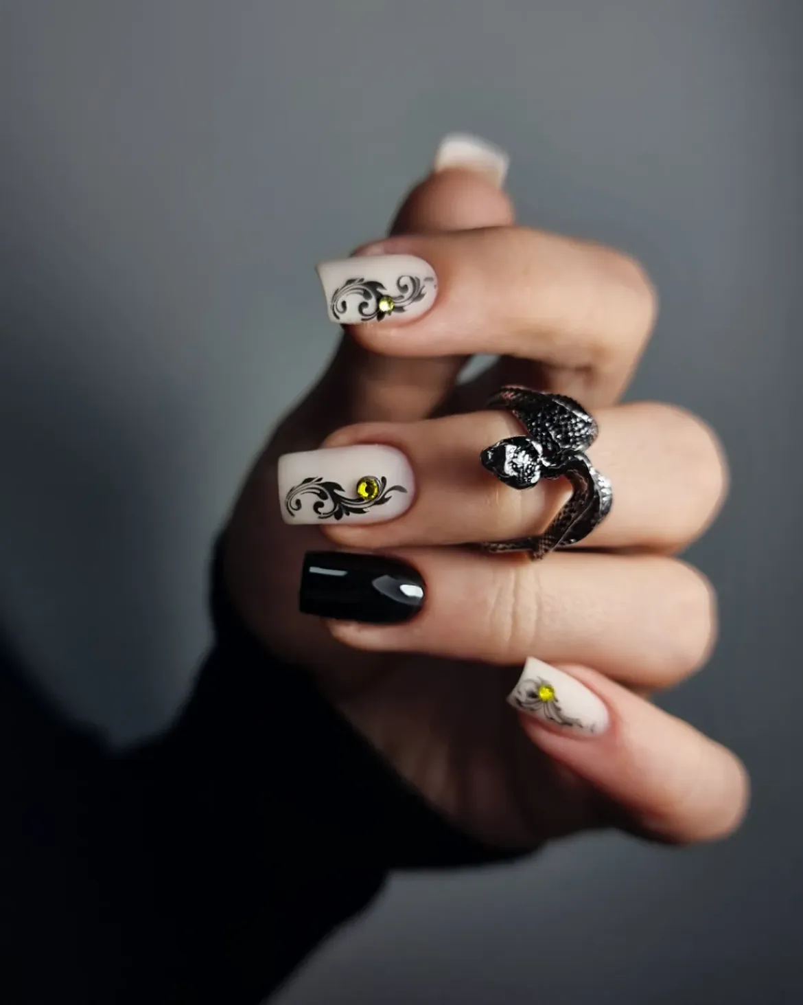 Gothic Black and White Swirl Acrylic Nails
