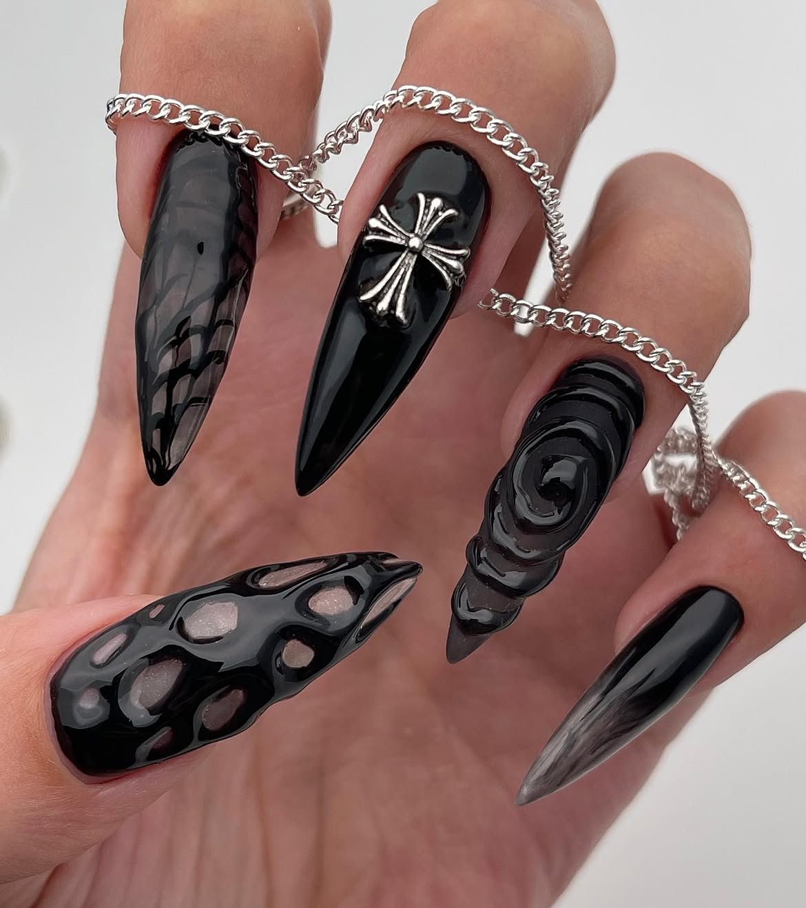 Gothic Black Chrome Cross Stiletto Nails