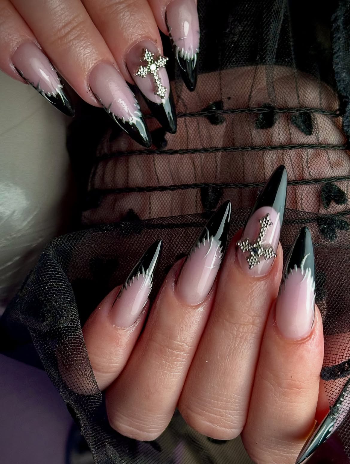 Gothic Black Flame French Stiletto Nails