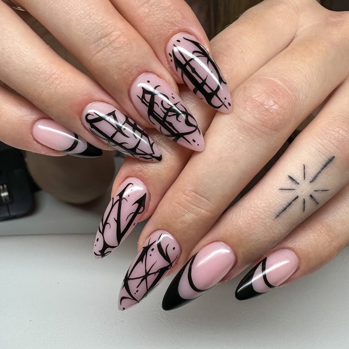 Gothic Black Swirl French Stiletto Nails