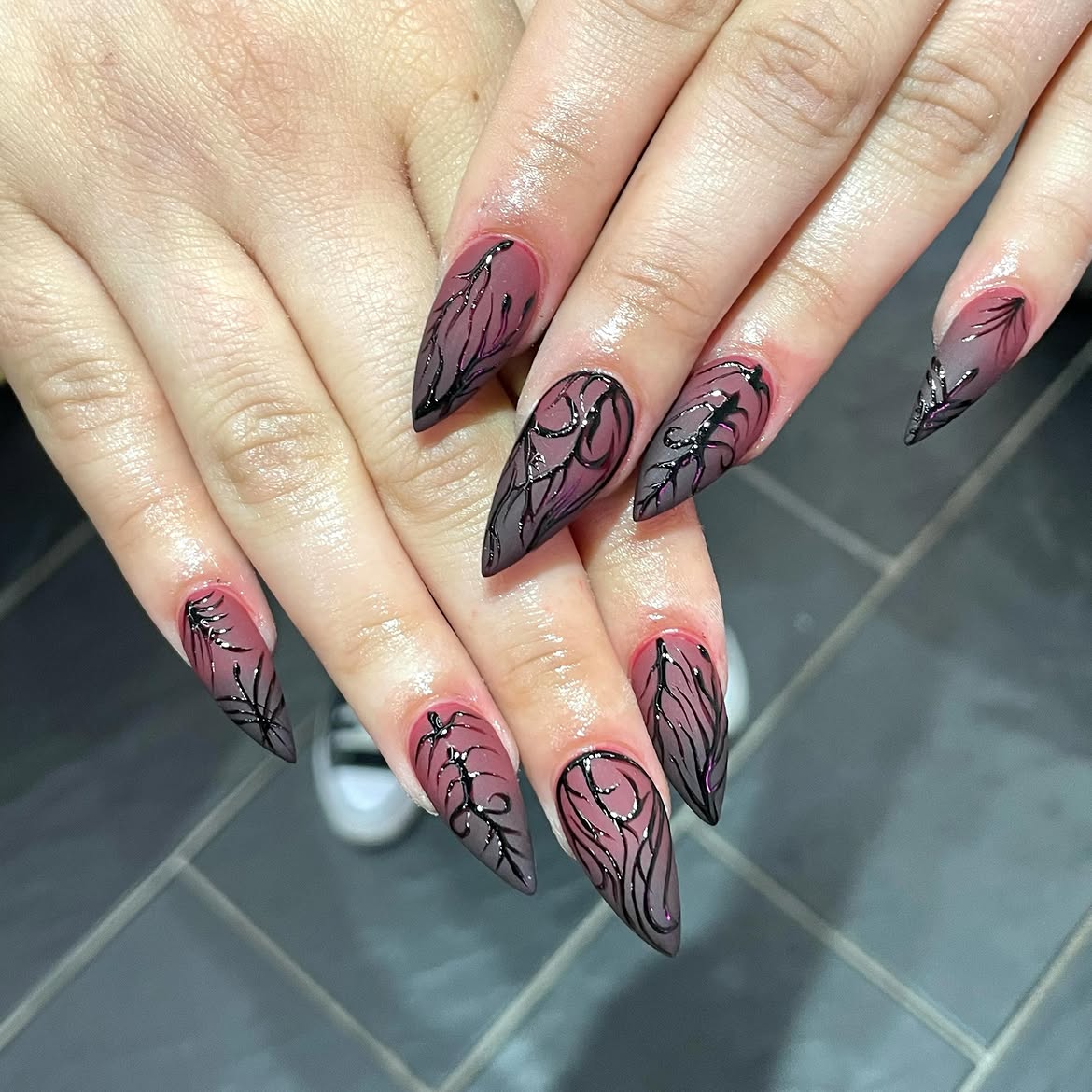 Gothic Black Swirl Gradient Stiletto Nails