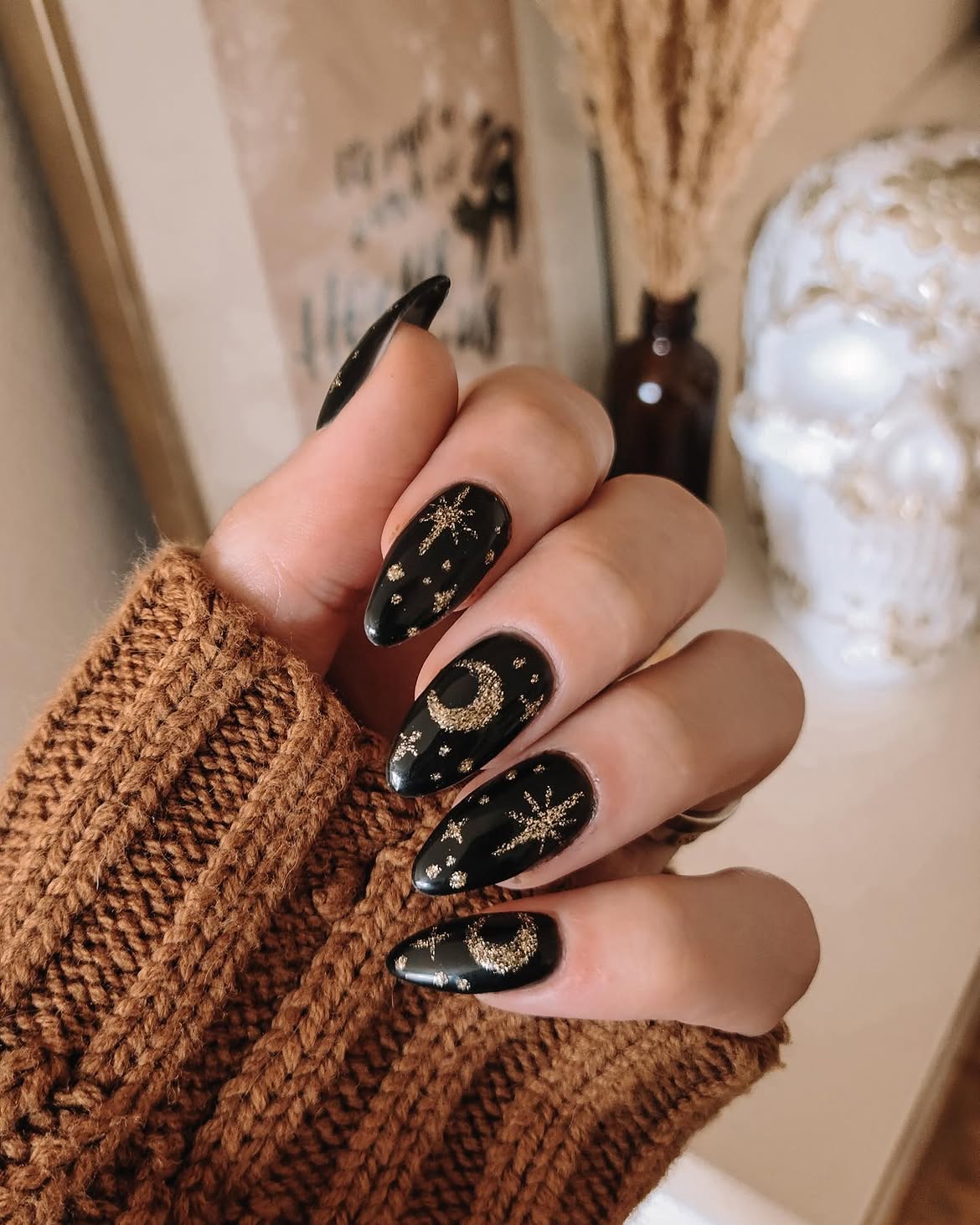 Gothic Celestial Black Almond Nails