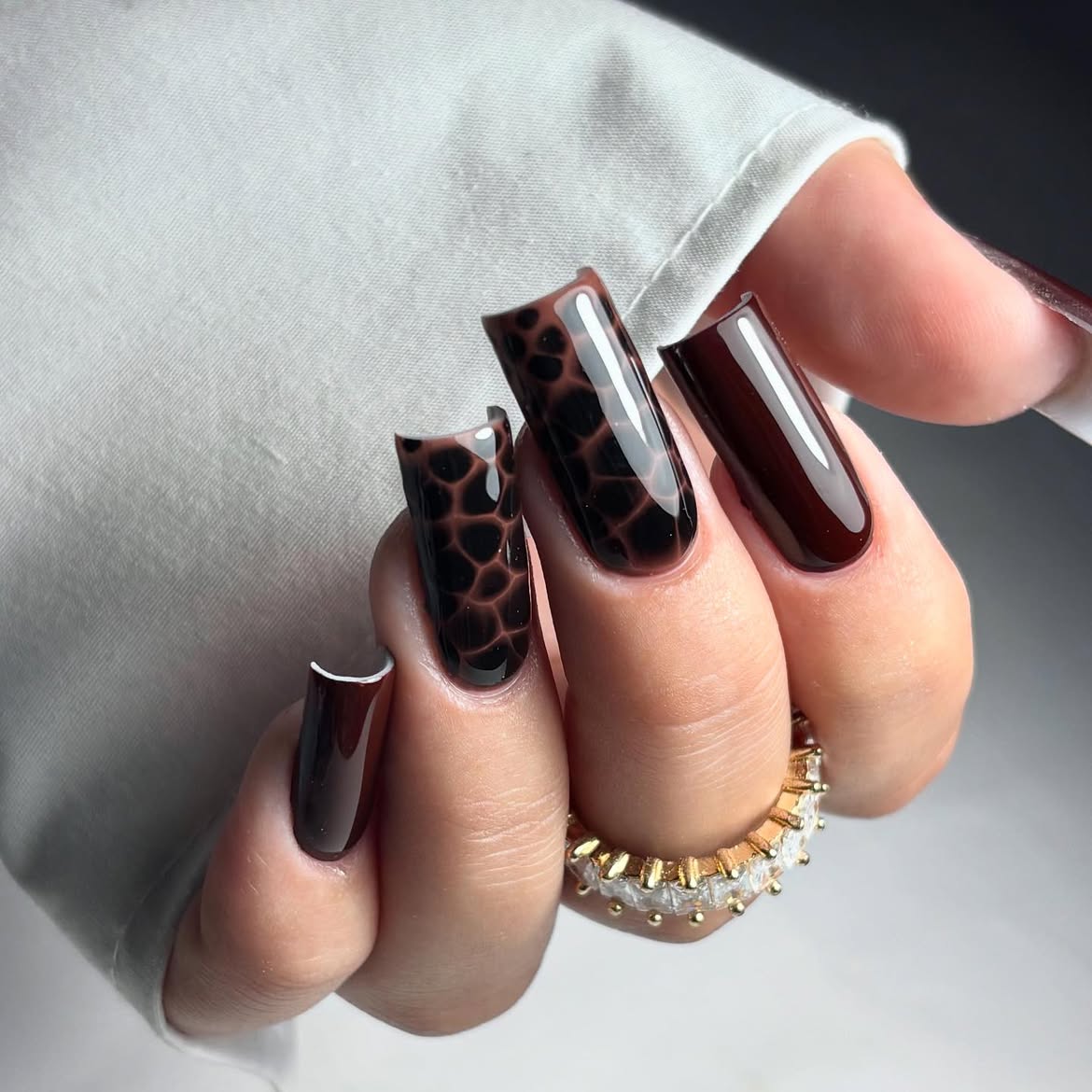 Gothic Giraffe Print Dark Brown Glossy Nails