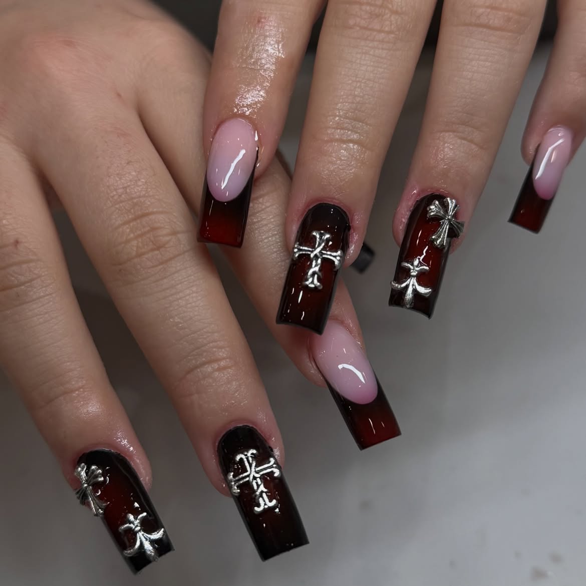 Gothic Ombre French Cross Embellished Coffin Nails