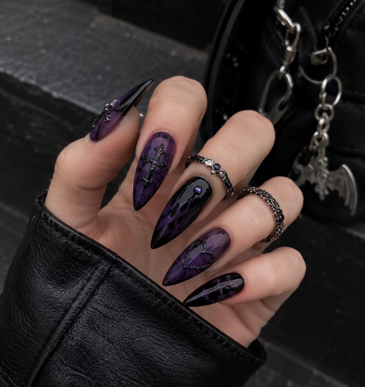 28 Spooktacular Halloween Nail Ideas You Need To Try 28 Gothic Purple Flame Stiletto Nails with Charms