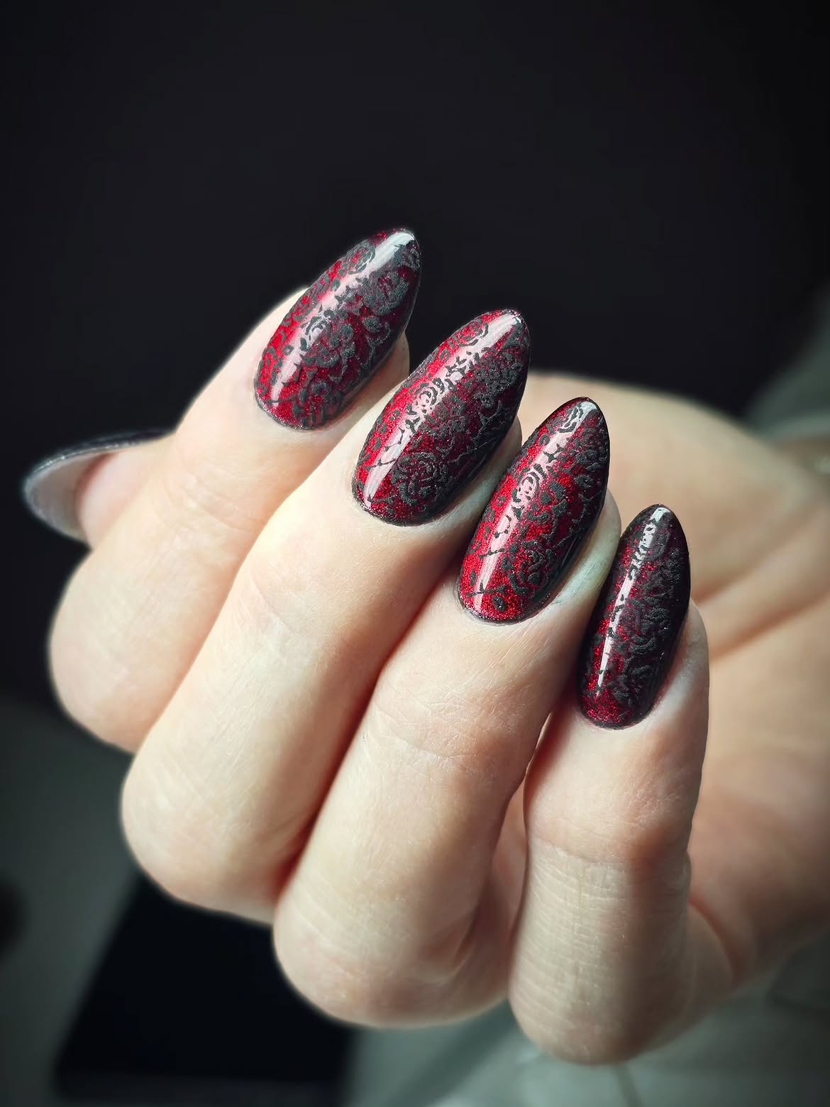 Gothic Red Glitter Lace Almond Nails