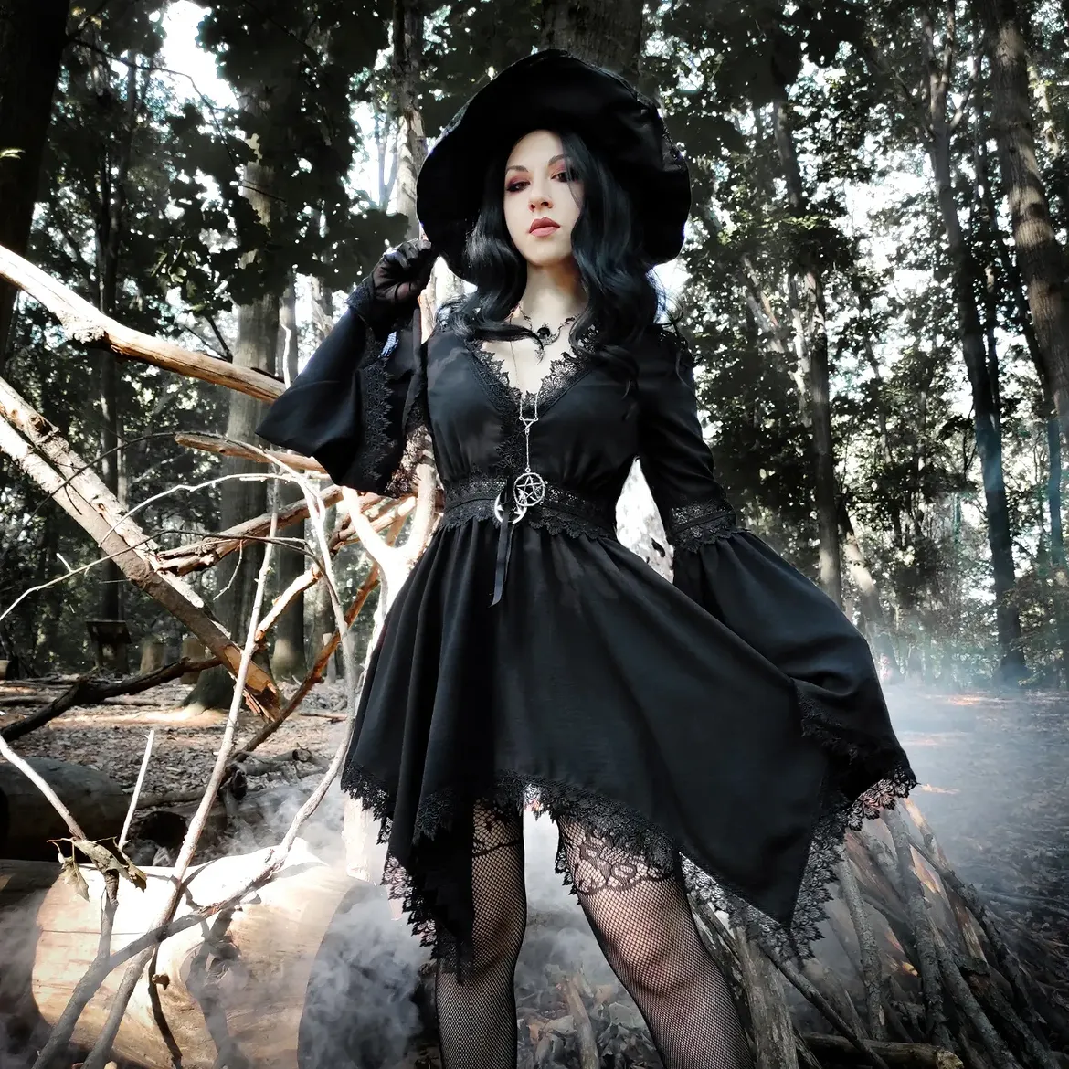 Gothic Witchy Lace Trimmed Black Midi Dress