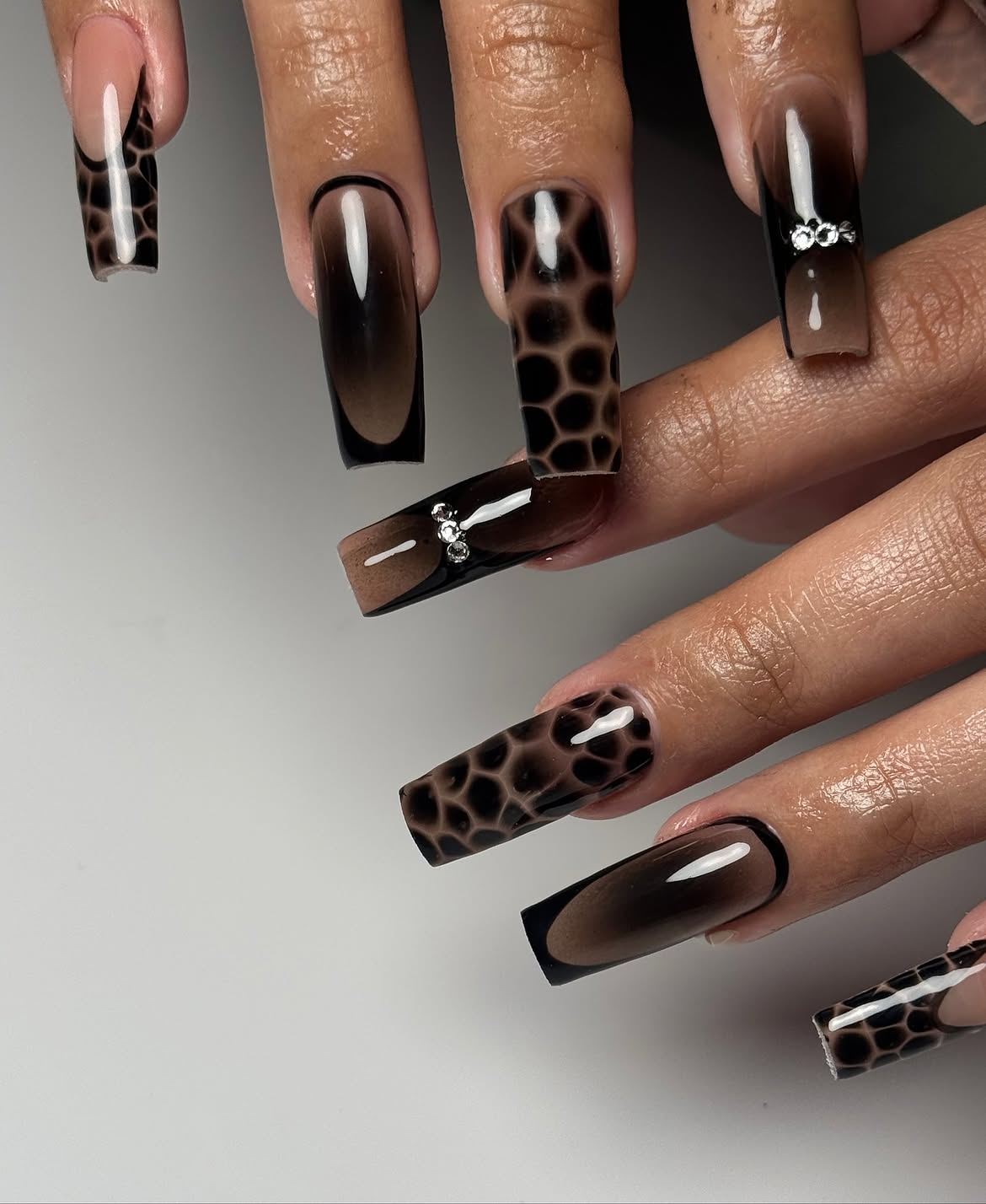 Gradient Giraffe Print Square French Tips with Rhinestones