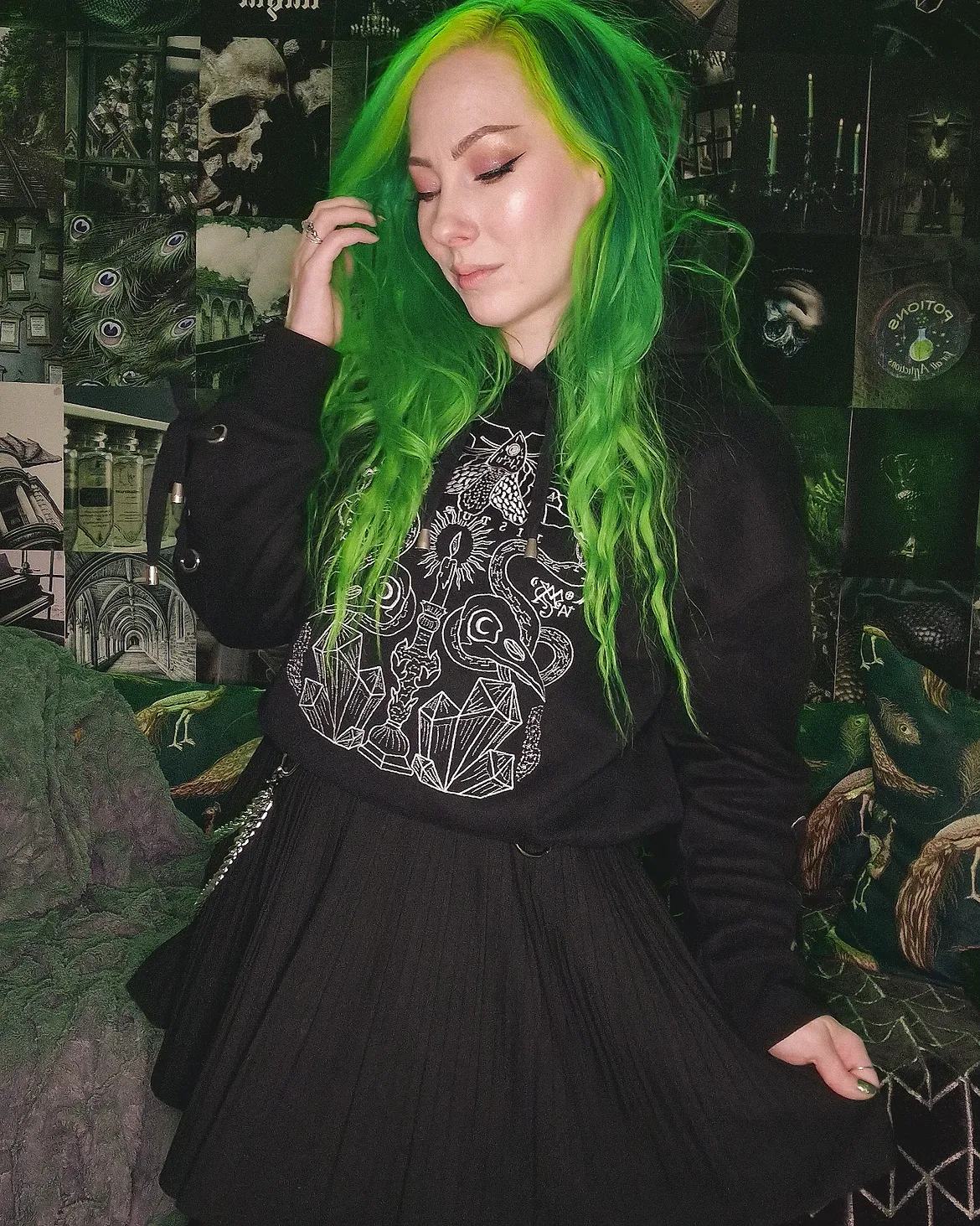Graphic Hoodie With Pleated Mini Skirt Witchy Vibe