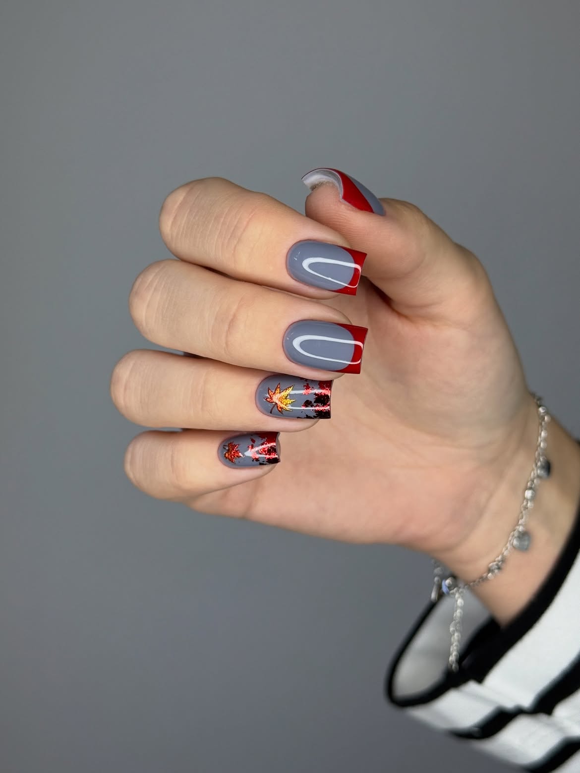 29 Stunning Fall Leaves Nail Ideas You Need To Try Now 15 Gray Red French with Fall Leaf Accents