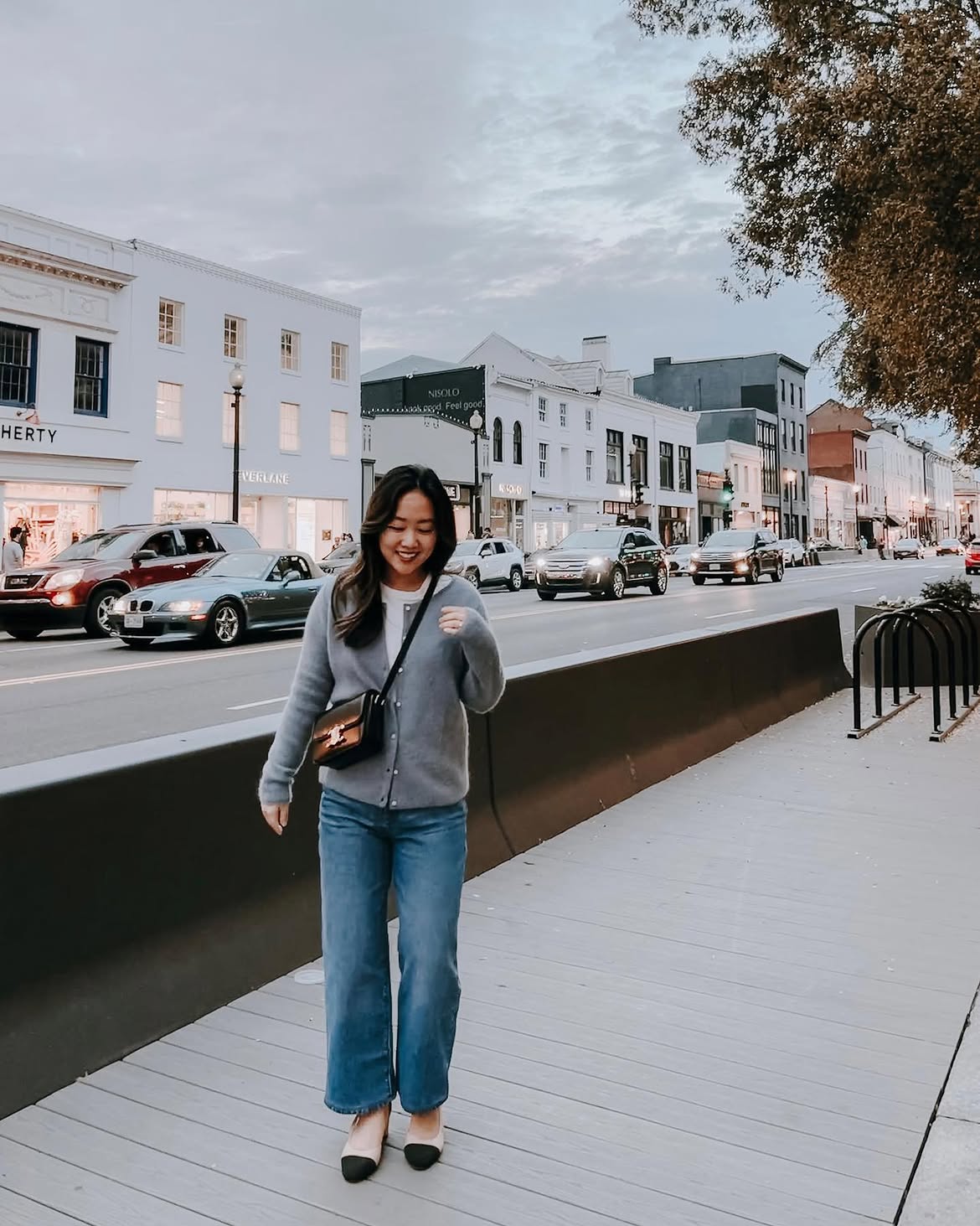 Grey Cardigan Wide Leg Denim And Two Tone Pumps