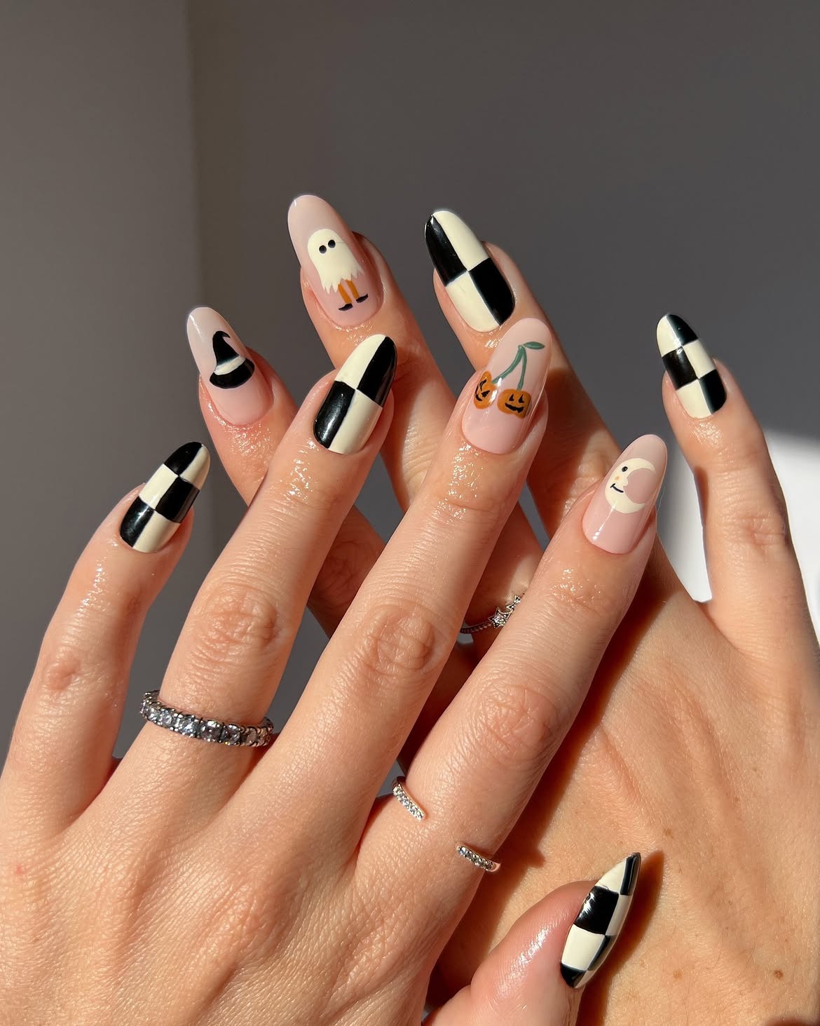 Halloween Checkerboard Ghost and Pumpkin Nails