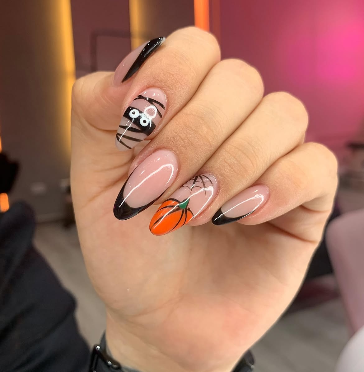 28 Stunning Pumpkin Nail Ideas for a Chic Fall Look 22 Halloween French Tip with Mummy and Pumpkin Art