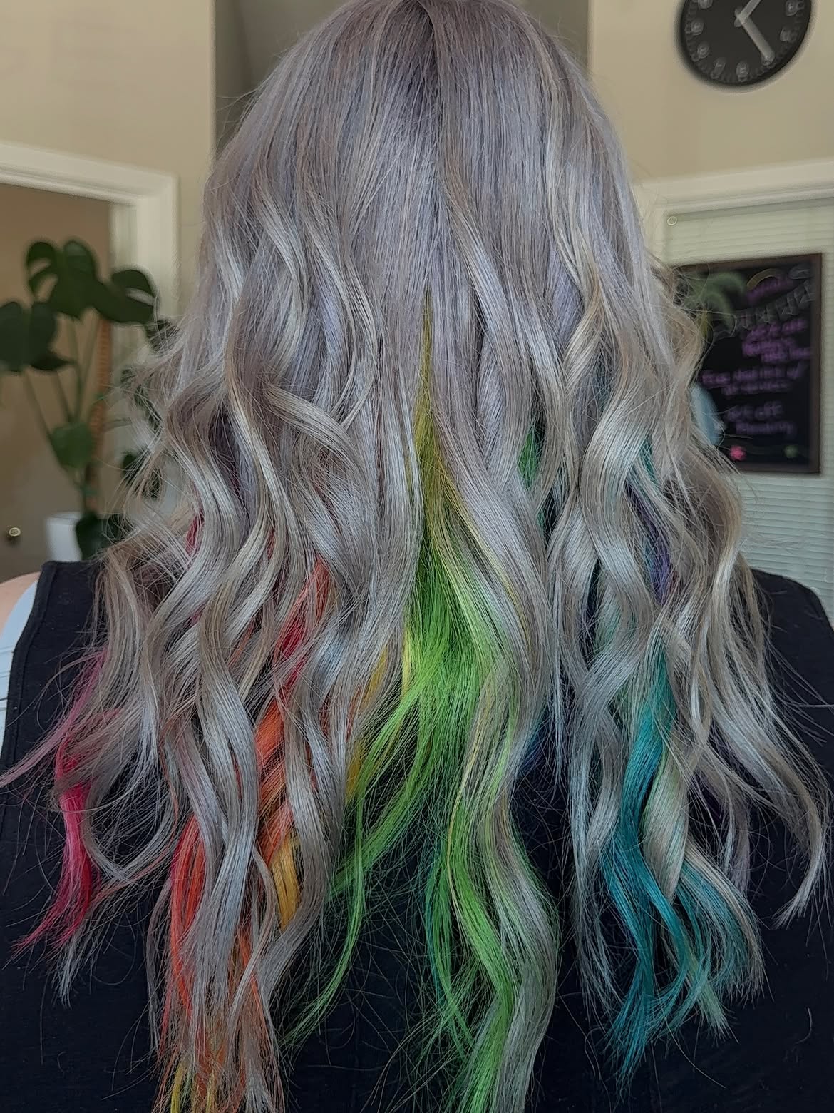 Hidden Rainbow Peekaboo Streaks On Ash Blonde Waves